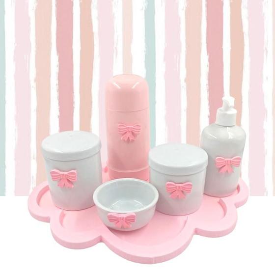 Imagem de Kit Higiene Porcelana Nuvem Rosa Tema Lacinho Garrafa Rosa 6pçs