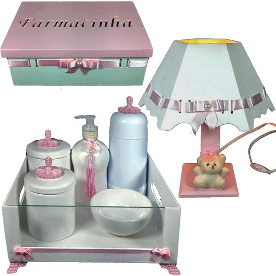 Imagem de Kit higiene quarto de bebê porcelana mdf 8 pçs - Branco e Rosa bb