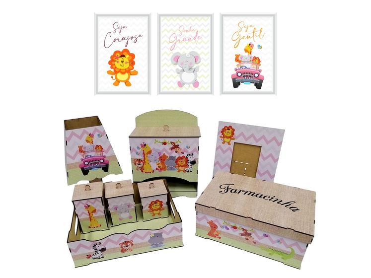 Imagem de Kit Higiene Safari Menina Com Trio De Quadros Decoração Rosa