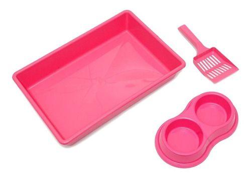 Imagem de Kit Higiênico Bandeja De Areia Pá E Comedouro Duplo Para Gatos Rosa