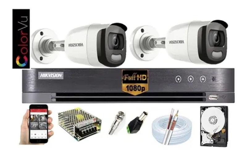 Imagem de Kit Hikvision 2 Cam Colorvu Fullhd 1080p E Dvr 4ch Turbo Hd