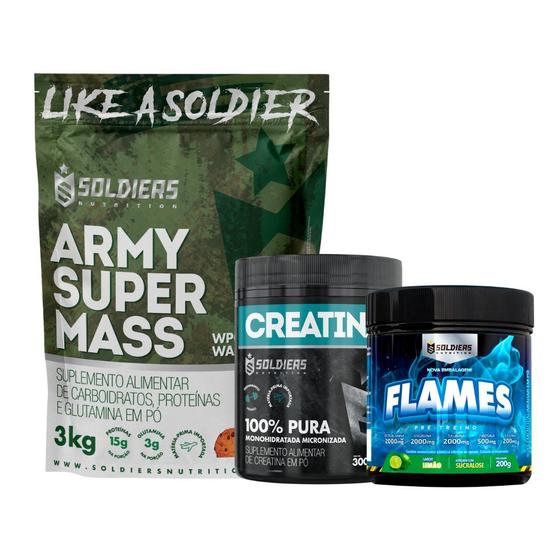 Imagem de Kit: Hipercalórico Army Super Mass - 3Kg +Creatina Monohidratada Pote 300g - 100% Pura+Pré-Treino Flames 200g - Soldiers