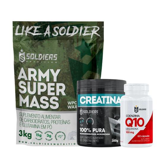 Imagem de Kit: Hipercalórico Army Super Mass - 3Kg + Creatina Monohidratada Pote 300g + Coenzima Q10 100mg - Soldiers Nutrition