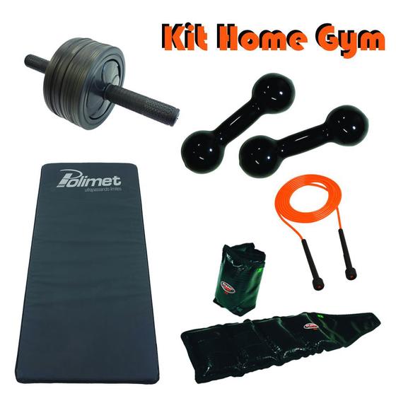 Imagem de Kit Home Gym (Colchonete + Roda Abdominal + Tornozeleiras + Halteres + Corda de Pular)