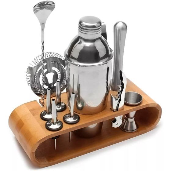 Imagem de Kit Homebar 12 Peças Inox Suporte Madeira Coqueteleira 500ml