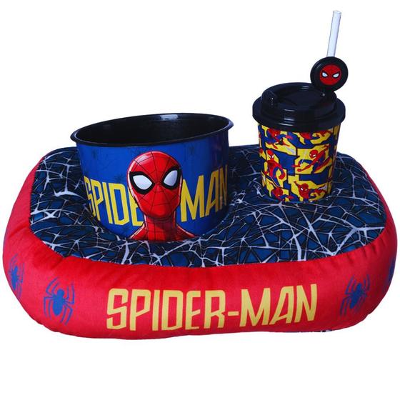 Imagem de Kit Homem Aranha Spider-Man Almofada Suede + Balde Pipoca + Copo Canudo Oficial Marvel