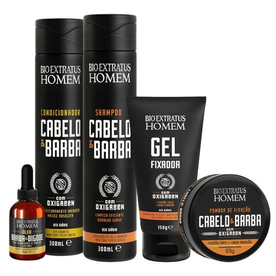 Imagem de Kit Homem cabelo e barba 5 itens 1 Shamp 1 Cond 1 Gel 1 Pomada 1 Óleo