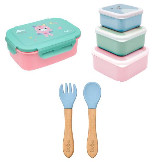 Imagem de Kit Hora do Lanche Bento Box Unicórnio, Potinho Gumy Rosa e Talher em Bambu e Silicone Azul - Buba