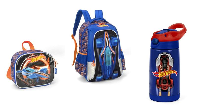 Imagem de Kit Hot Wheels 3d Original Mochila + Lancheira + garrafa 