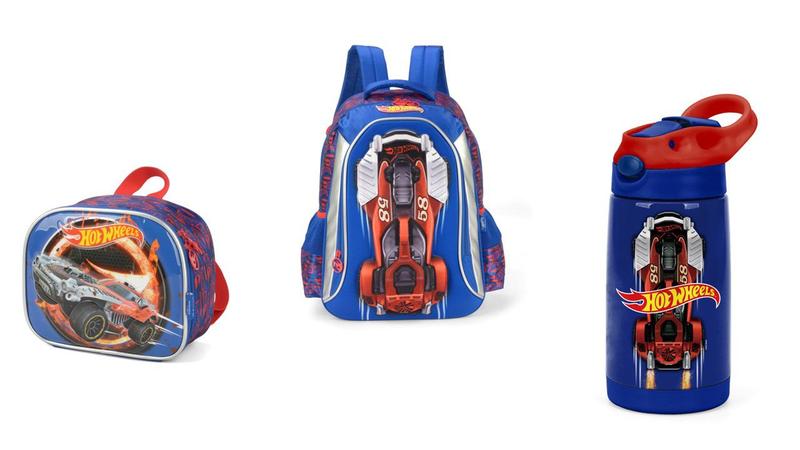 Imagem de Kit Hot Wheels 3d Original Mochila + Lancheira + garrafa 