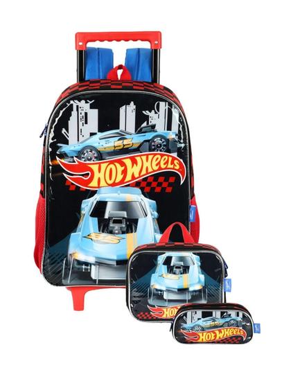 Imagem de Kit Hot Wheels Mochila Costas Rodas Lancheira Estojo - Preto