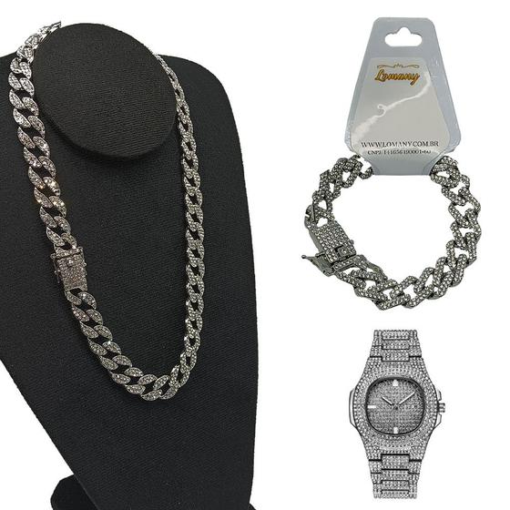 Imagem de Kit Ice Cuban Pulseira, Corrente e Relógio Cravejado Prata