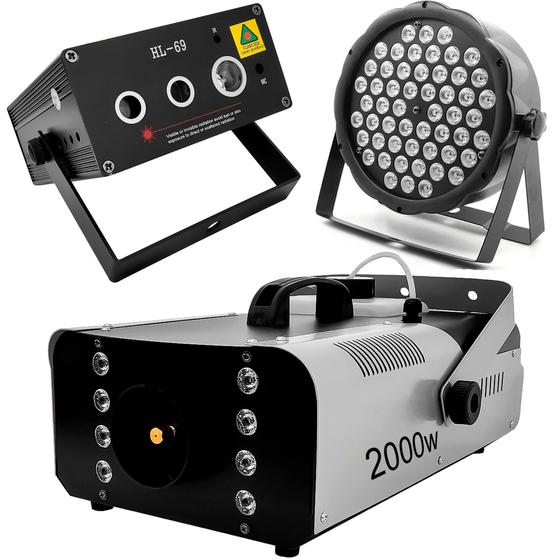 Imagem de Kit Iluminação Festa Dj Som Led Luz Projetor Holográfico efeito RGB Canhão DMX Sensor Rítmico Maquina de Fumaça 2000w 3L