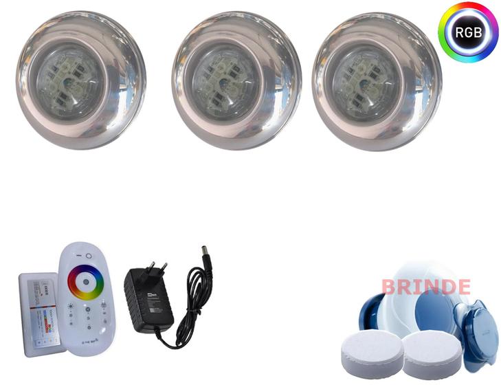 Imagem de Kit iluminação luminaria led inox piscina - 03 led 15w rgb + central touch + fonte 12v