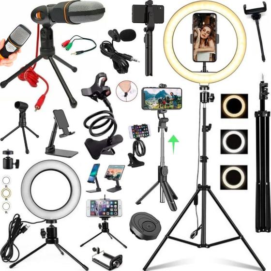 Imagem de Kit Iluminação Luz Led Tripé Bastão Microfone Acessórios Filmagem Celular 12pçs