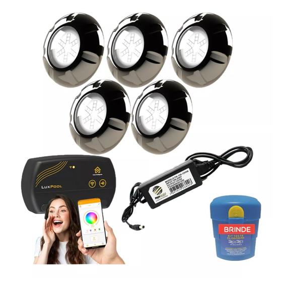 Imagem de Kit Iluminação Para Piscina até 80m² Com 5 Leds Rgb 9w Inox + SmartLux