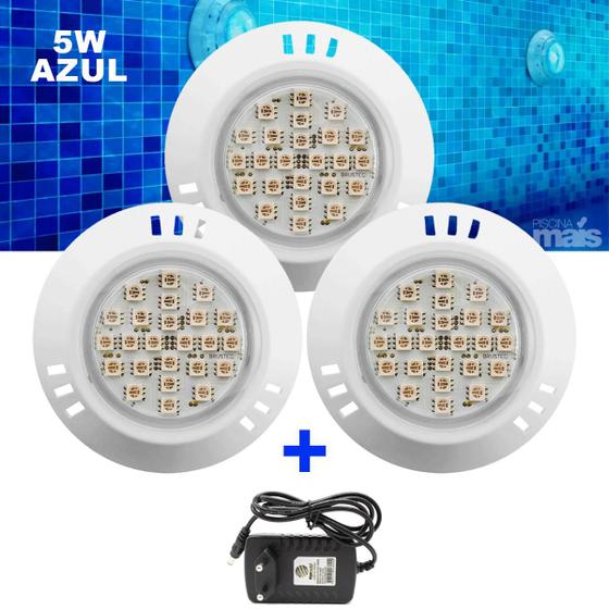 Imagem de Kit Iluminação Piscina 03 Power Led Azul 5w Brustec + Fonte