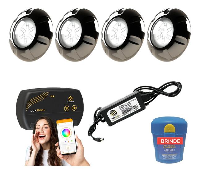 Imagem de Kit Iluminação Piscina 4 Leds 9w Inox - 64m² + Smart Lux