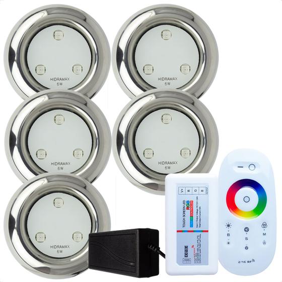 Imagem de Kit Iluminação Piscina 5 Refletores Led 6w RGB Inox S e Comando