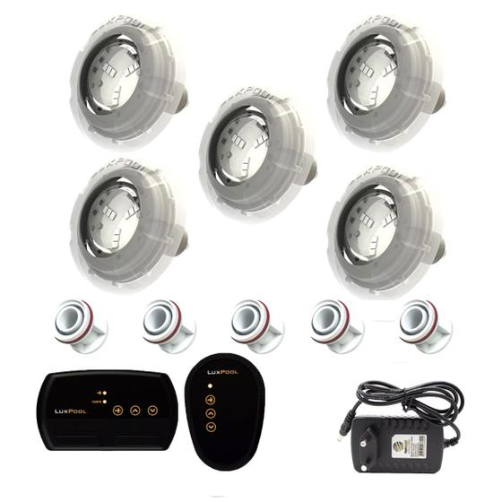 Imagem de Kit Iluminação Piscina 50mm 40m² 5 Led 4w, Módulo Rgb, Fonte