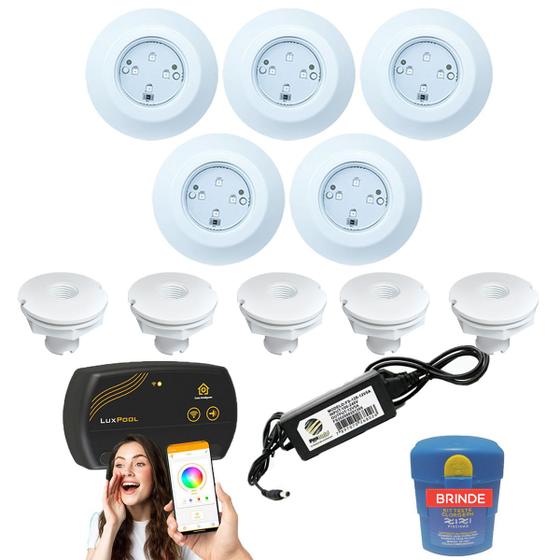 Imagem de Kit Iluminação Piscina Fibra 5 Leds 9w + Nicho + Smart Lux