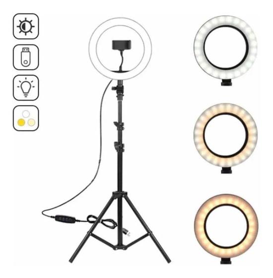 Imagem de Kit Iluminador Ring light 26cm com Tripé 1,90mts 3 Opções de Luminosidade e 10 Níveis Itensidade de