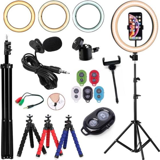 Imagem de Kit Iluminador Ring light 26cm Tripé 2m Microfone Lapela Acessórios Vídeos no Celular Blogueira