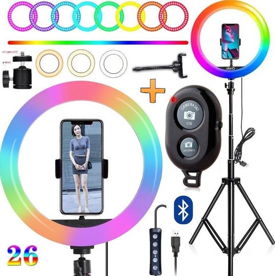 Imagem de Kit Iluminador Ring Light Rgb Colorido Completo Dimmer Maquiagem Blogueiro Youtuber 10 Polegadas 26cm Tripé + Bluetooth