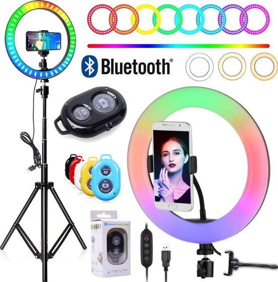 Imagem de Kit Iluminador Ring Light Rgb Colorido Led Tripé Profissional Para Celular Universal Makeup Selfie + Controle Bluetooth