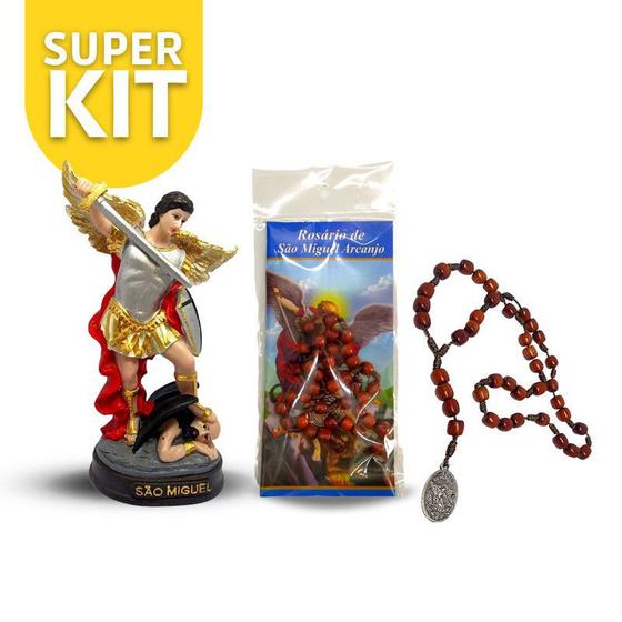 Imagem de Kit Imagem De Arcanjo Miguel Resina Traços Finos Com Terço