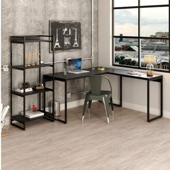 Imagem de Kit Industrial 2 Peças 1 Escrivaninha em L e 1 Estante 4 Prateleiras Kuadra