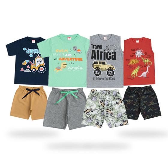 Imagem de Kit Infantil 8 Peças Roupa Infantil 4 Camisetas/ Regatas 4 Shorts Moletinho ou Tactel