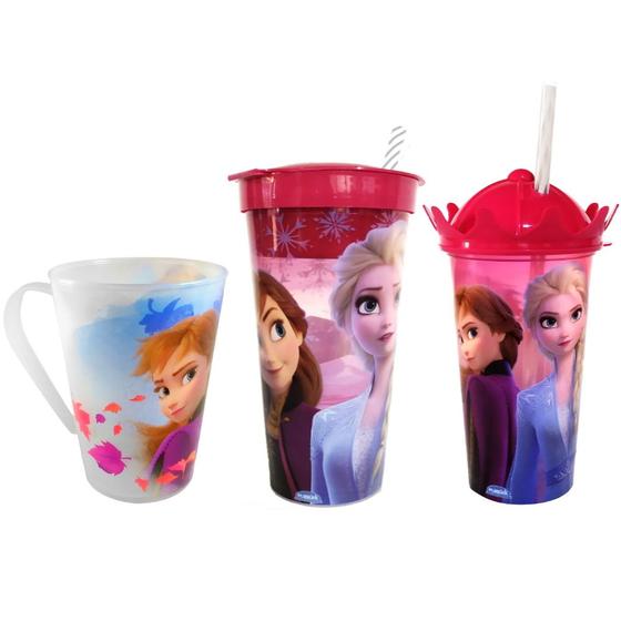 Imagem de Kit Infantil Anna e Elsa Frozen com 2 Copos e 1 Caneca Estampados