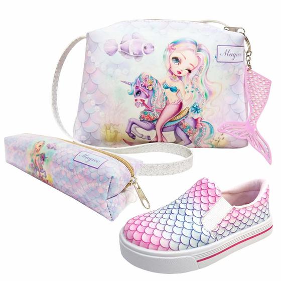 Imagem de Kit Infantil Bolsa, Tênis e Estojo Sereia Com Unicórnio, Magicc Kids