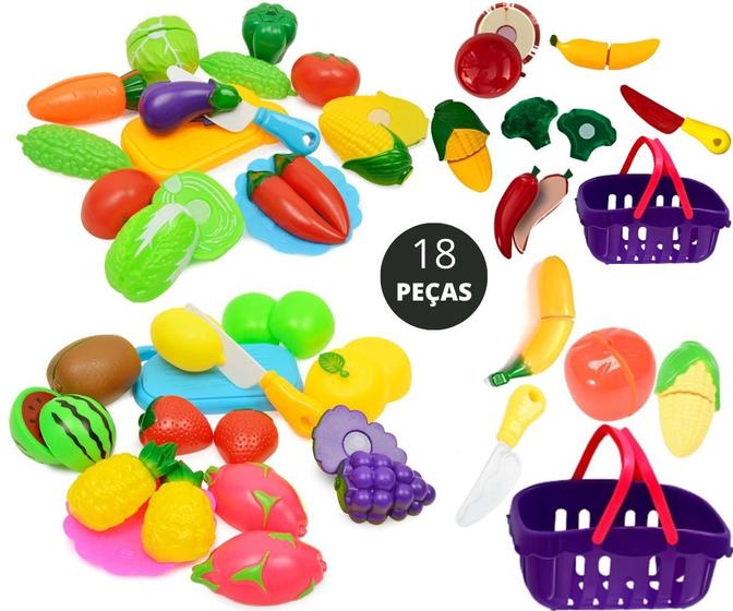 Imagem de Kit Infantil Brinquedo Cozinha Comidinha Frutas E Legumes Feirinha Hortifruti + Cestinha