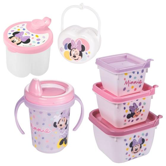 Imagem de Kit infantil caneca com bico, porta leite em pó, conjunto 3 potes e porta chupetas Minnie Plasutil