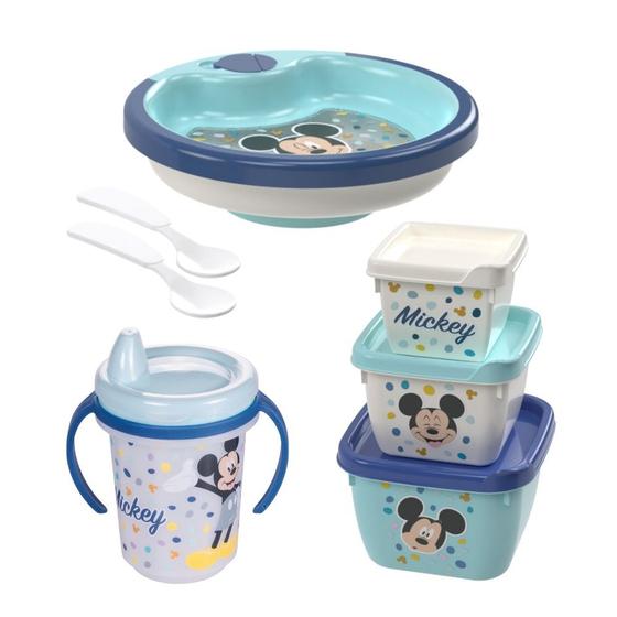 Imagem de Kit infantil caneca com bico, prato térmico, e conjunto 3 potes Mickey Plasutil