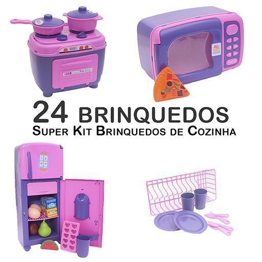 Imagem de Kit Infantil Cozinha Geladeira Fogão Microondas Panela 24P
