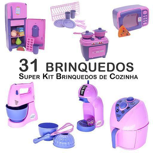 Imagem de Kit Infantil Cozinha Geladeira Fogão Microondas Panela 31P