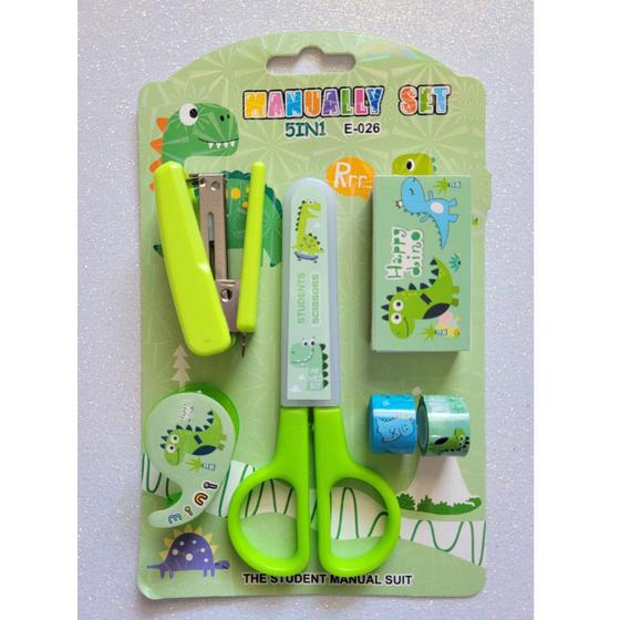 Imagem de Kit Infantil de Papelaria: Tesoura Redonda Sem Ponta + Mini Grampeador + Washi Tape  cor verde