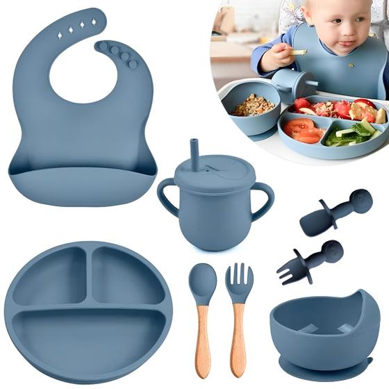Imagem de Kit Infantil de Silicone para Alimentação, Prato com Ventosa, Copo, Talheres e Tigela,  Babador