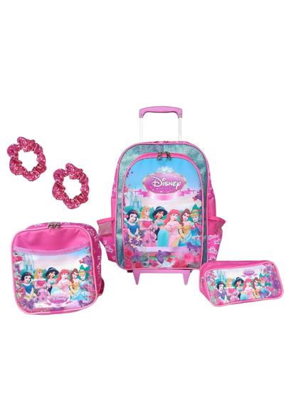 Imagem de Kit Infantil Escolar Mochila De Rodinhas Princesas rosa bolsa meninas aula frozen skye unicórnio