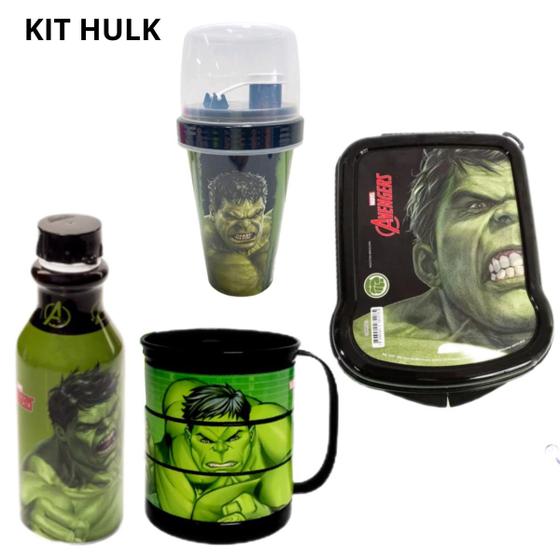 Imagem de Kit Infantil Hulk 4 Peças Mini Shakeira, Garrafa Retro, Caneca Divertida e Sanduicheira Plasutil Bpa Free