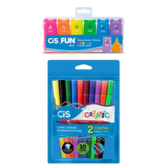 Imagem de Kit Infantil MarcaTexto Cis Fun Neon + Canetinhas Criatic 10