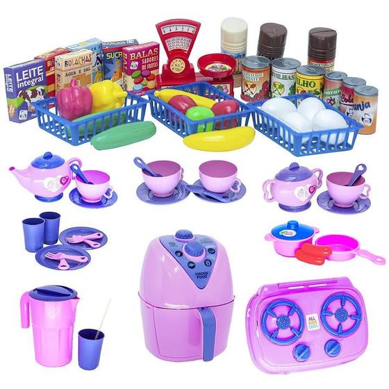 Imagem de Kit Infantil Mercado Completo Cozinha Comida Louça 62Pç