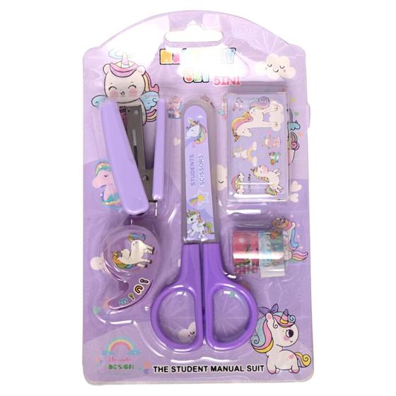 Imagem de Kit Infantil Tesoura, Grampeador e Fita Decorativa Washi Tape Roxa