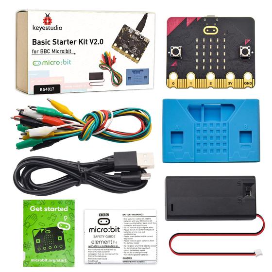 Imagem de Kit inicial básico KEYESTUDIO para BBC Micro bit V2, programação gráfica, bússola embutida, botões, tela matricial de LED, suporte de bateria e cabo USB para Microbit