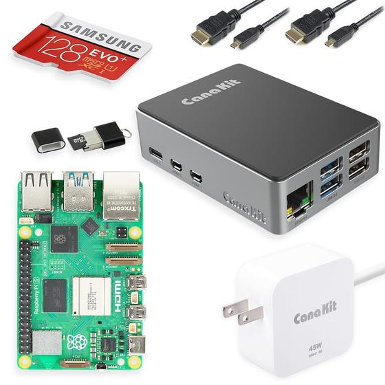 Imagem de Kit Inicial CanaKit Raspberry Pi 5 Pro - 8GB RAM + 128GB Alumínio