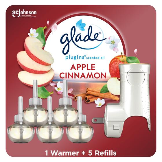 Imagem de Kit inicial difusor Glade c/ 1 aquecedor, 5 recargas óleos essenciais p/ casa e banheiro. Sabor Maçã e Canela 3,35 fl oz