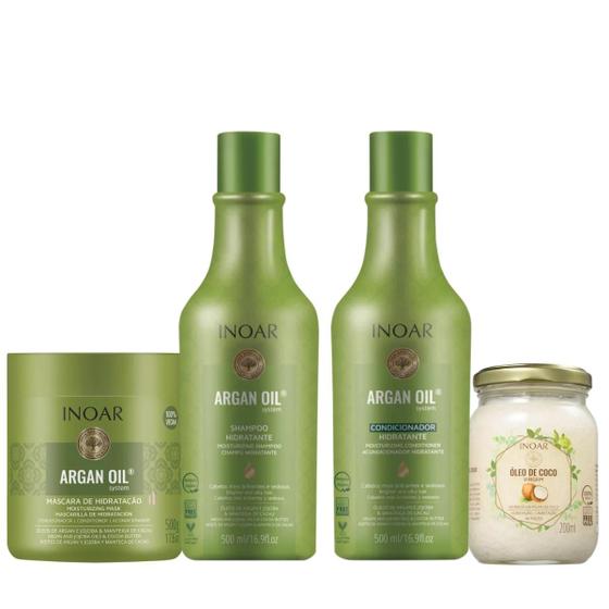 Imagem de Kit Inoar Argan Oil Shampoo e Condicionador 500 ml, Máscara de hidratação 500g e Óleo de Coco 200 ml (4 produtos)